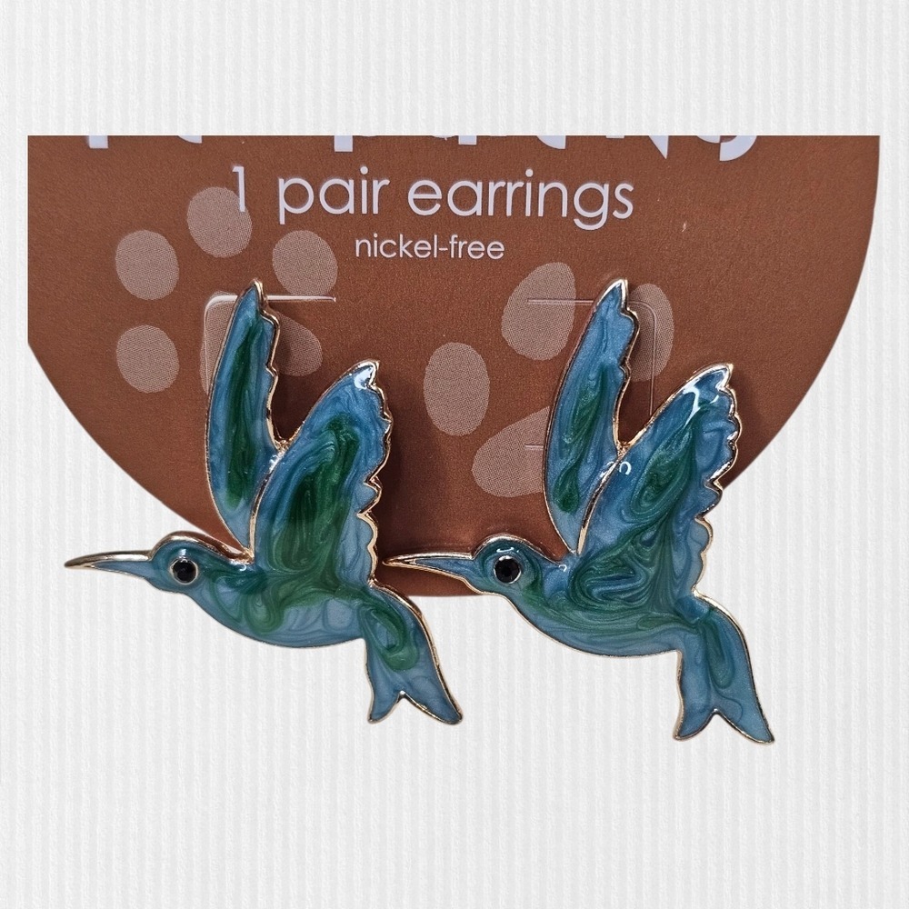 Humming Bird Stud Earrings Green Iridescent‎ NWT Boho Nature